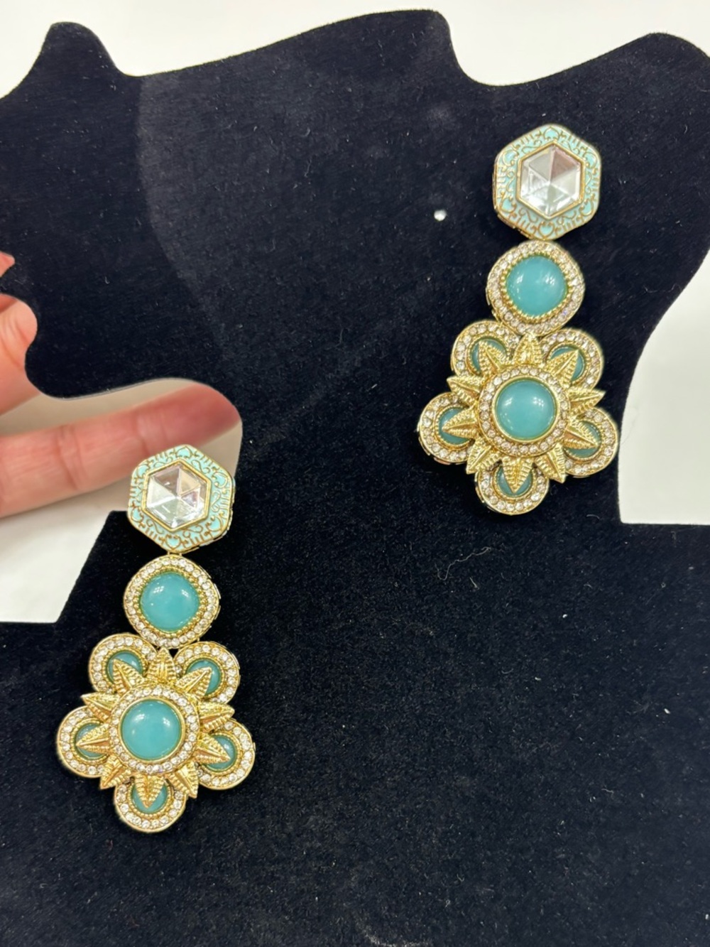 Gold-Tone Aqua Floral Drop Earrings